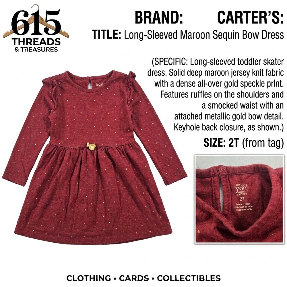 Just One You by Carters Maroon Gold Speckle Bow Ruffle Dress 2T Holiday Skater